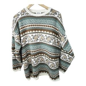 Vintage Fair Isle Pullover Sweater Beige Turquoise Womens Size L XL 80s 90s USA